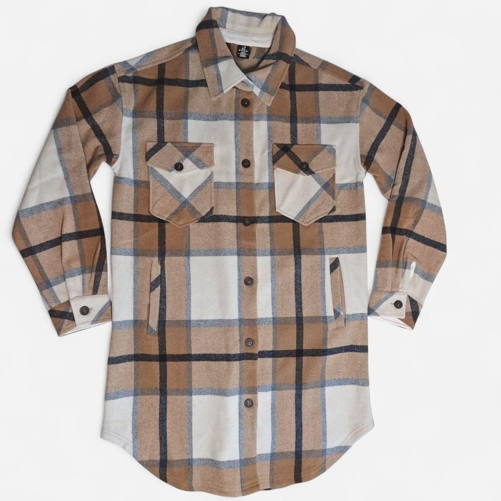 Woolx Sutton Merino Wool Shacket Tan Cream Plaid Shirt Jacket Medium